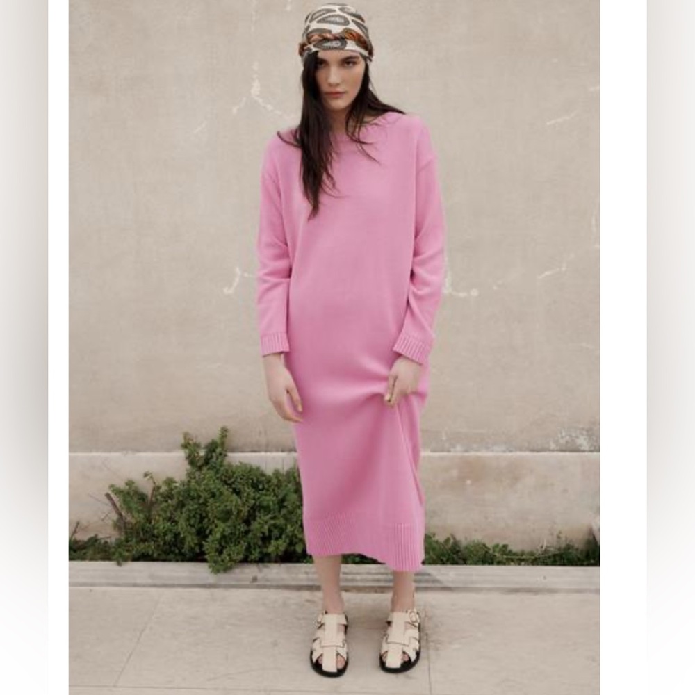 Zara Pink Long Sleeve Crew Neck Sweater Dress